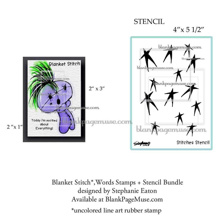 Blanket Stitch, Words and Stencil Bundle Character Art Rubber Stamp designed by Stephanie Eaton SEBlankBn