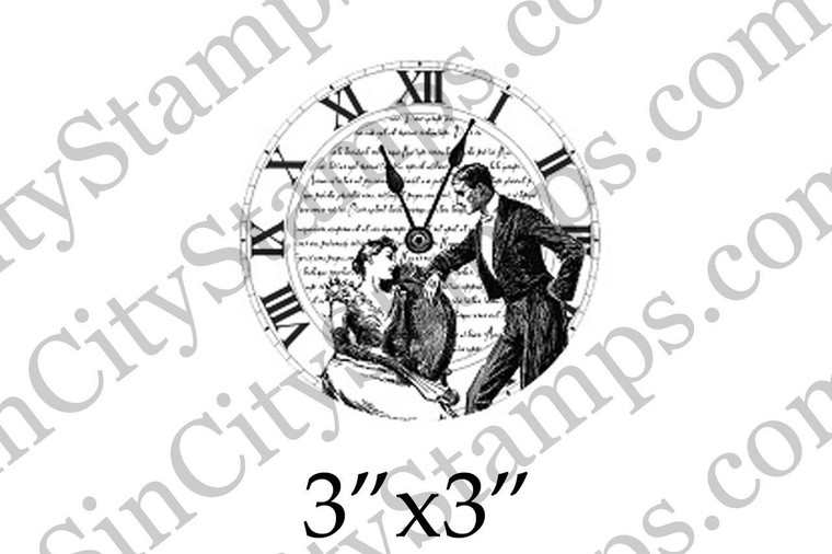 Lady and Man Clock with Writing Art Rubber Stamp