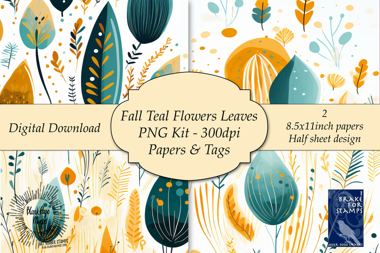 digital file -- 2 - 8 1/2 " x 11" each with a half sheet design teal yellow ochre boho vibes flowers, leaves, swirls shapes on an off- white background. No physical papers this is for you to print at home. 300 dpi PNG files