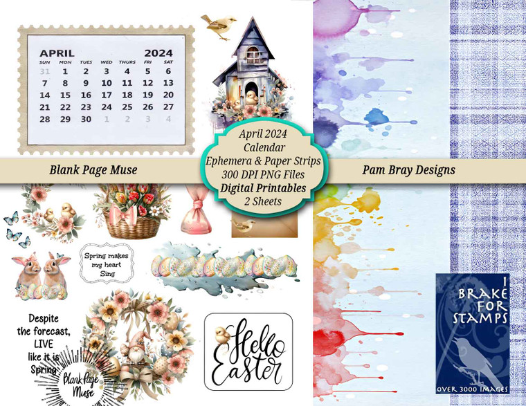 Digital Page with Small Calendar and Versatile Spring-themed Images 2024 April Pam Bray Designs