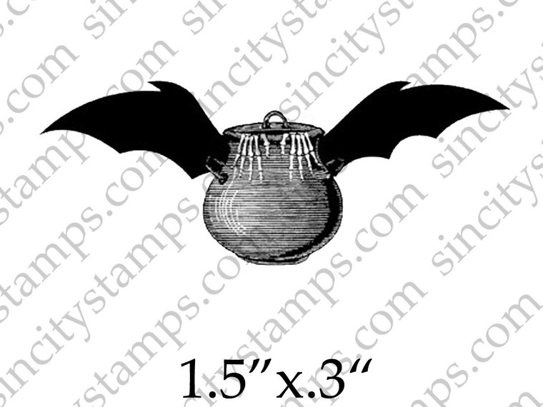 Cauldron with Skeleton hands and Bat Wings Halloween Art Rubber Stamp