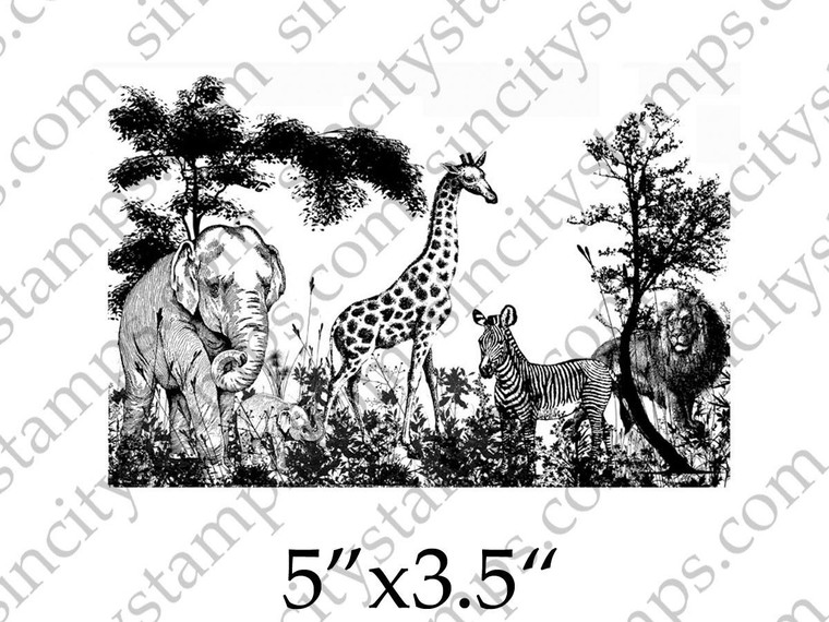 Wildlife Zebra Lion Giraffe Elephant Collage Scene Rubber Stamp