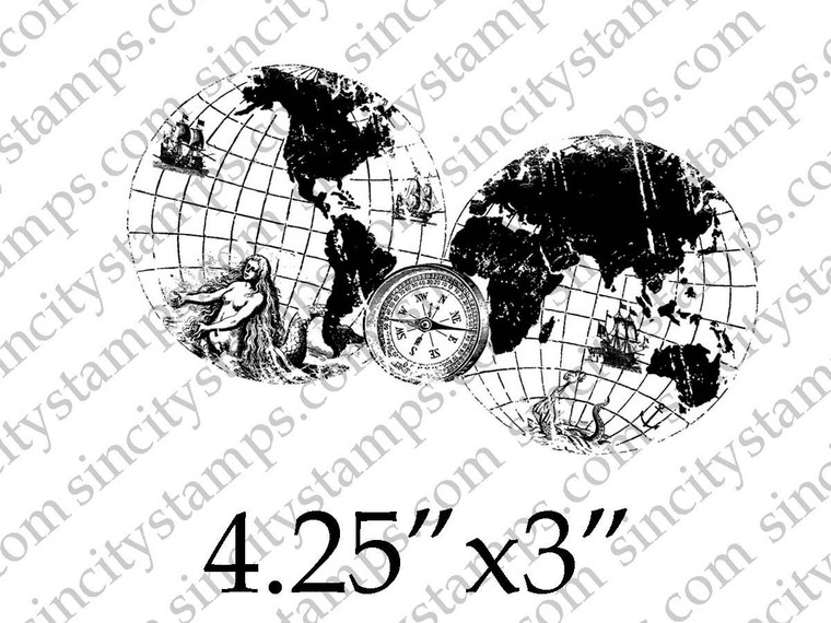 World Map Global View with Compass Art Rubber Stamp