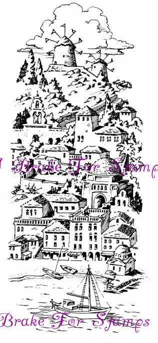 Greece Greek hillside village scene rubber stamp