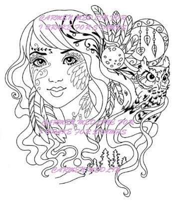 Elements - Wind Goddess with Owl Line art rubber stamp Carmen Medlin Designs