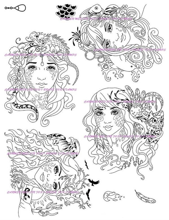 Elements - Complete Set Rubber stamps of women as Wing, Fire, Water and Earth