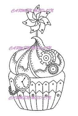 Steampunk Cupcake art rubber stamp Carmen Medlin Designs