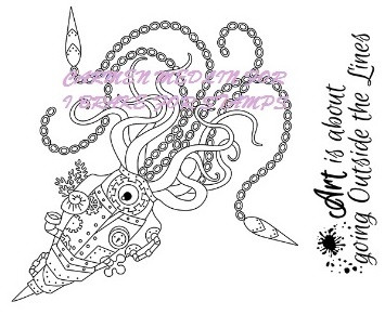 Ink Splats Steampunk Mech Squid with sentiment rubber stamp Set