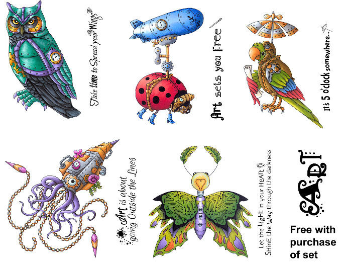 MechAnimals (Set #1) rubber stamps Ladybug Owl Squid Parrot Moth Steampunk style