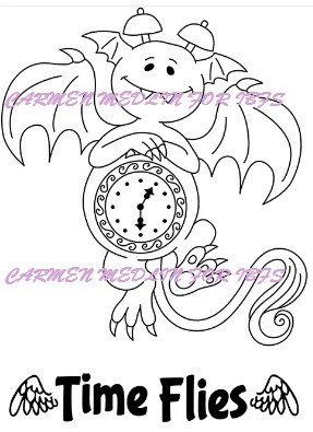 Tick Tock Set Time Flies and Clock Dragon rubber stamp + sentiment