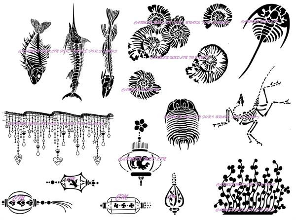 Montage (Set #1) art rubber stamps: Fossil Shells, Fossilized Fish, Fossil Trilobite , Skeleton, Sea Plant