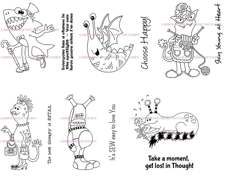 Shark & Fanciful Creatures With Word Sentiments Curiosities Set 4 Carmen Medlin Designs