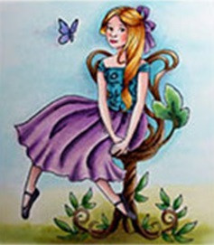 Sitting Pretty Woman sitting on natural vine chair rubber stamp