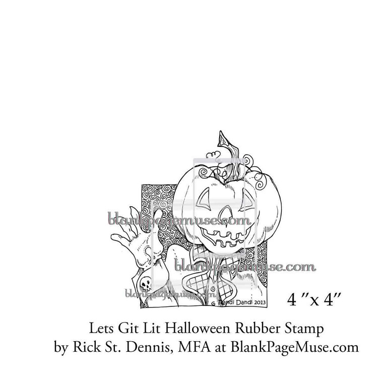 Lets Git Lit Pumpkin Head Dude Line Art Rubber Stamp Rick St Dennis RSDIBFS003-02