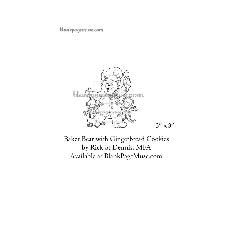 Baker Bear with Gingerbread Cookies Line Art Rubber Stamp by Rick St Dennis RSDIBFS014-03
