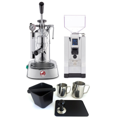 PAVONI PROFESSIONAL LUSSO 1.6L Lever Espresso Coffee Machine - EUREKA MIGNON SPECIALITA Coffee Grinder - CHROME - Package - With Accessories