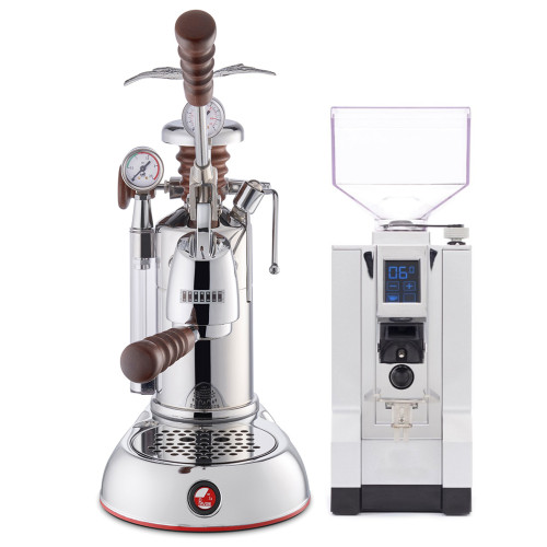 LA PAVONI ESPERTO ABILE Lever 1.6L Espresso Coffee Machine - WOOD - EUREKA MIGNON SPECIALITA Coffee Grinder - CHROME - Package