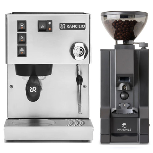 Rancilio Silvia M Single Boiler Espresso Coffee Machine - STAINLESS STEEL - Eureka Mignon Manuale Coffee Grinder - BLACK - Package