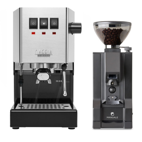 Gaggia Classic E24 Espresso Coffee Machine - STAINLESS STEEL - Eureka Mignon Manuale Coffee Grinder - BLACK - PACKAGE