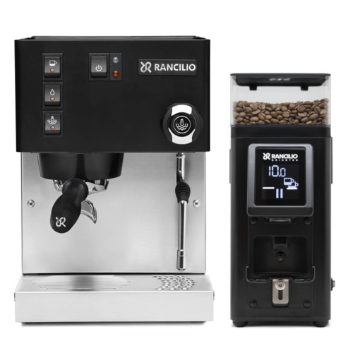 RANCILIO SILVIA E Single Boiler Espresso Coffee Machine - BLACK - RANCILIO STILE 58mm Flat Burr Doser-less Coffee Grinder - BLACK - Package
