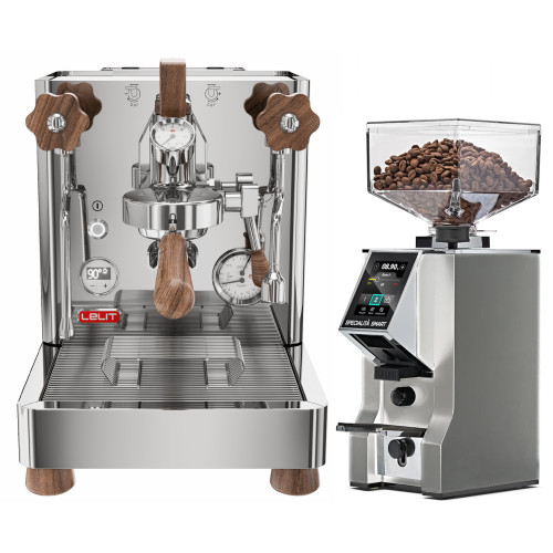 Lelit PL162T Bianca L58E Double Boiler PID 0.8/1.5L Espresso Coffee Machine - V3 - Stainless Steel - Eureka Mignon Specialita' Smart 55mm Flat Burr Coffee Grinder - Chrome - Package