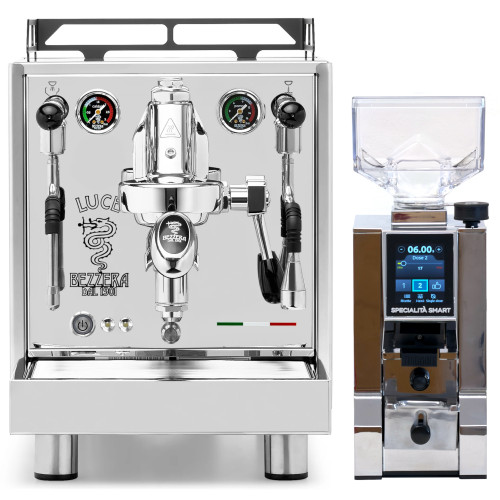 Bezzera Luce e61 2L Espresso Coffee Machine - Stainless Steel - Eureka Mignon Specialita' Smart 55mm Flat Burr Coffee Grinder - Chrome - Package