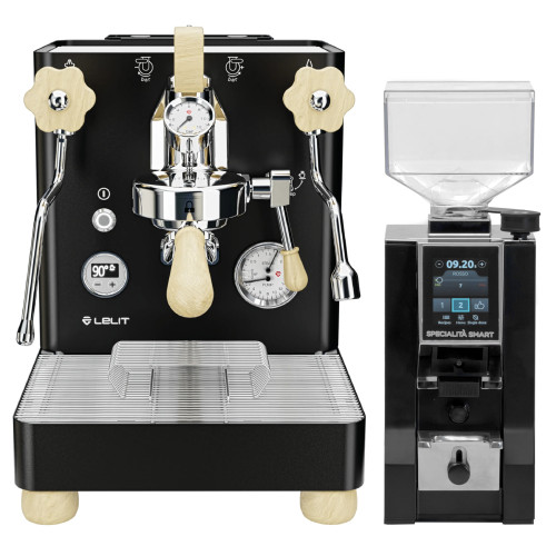 Lelit PL162T Bianca L58E Double Boiler PID 0.8/1.5L Espresso Coffee Machine - V3 - Black - Eureka Mignon Specialita' Smart 55mm Flat Burr Coffee Grinder - Black - Package