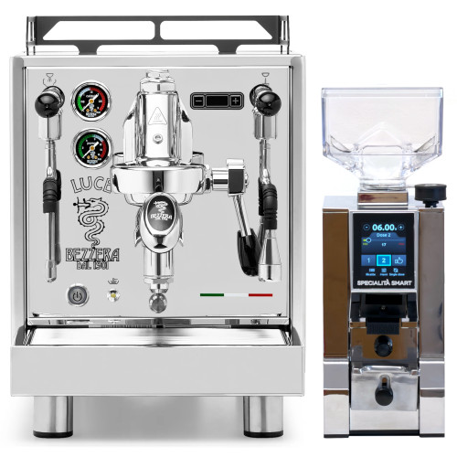 Bezzera Luce e61 PID 2L Espresso Coffee Machine - Stainless Steel - Eureka Mignon Specialita' Smart 55mm Flat Burr Coffee Grinder - Chrome - Package