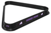 TCU Horned Frogs billiard triangle featuring a black frame with purple TCU lettering, Horned Frogs team graphics, and purple and white accents, shown at an angle on a white background.