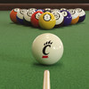 Cincinnati Bearcats cue ball positioned on green pool table felt in front of a racked set of billiard balls, featuring the Cincinnati C-Paw logo with a pool cue lined up for the break.