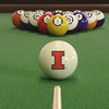 Illinois Fighting Illini cue ball positioned on green pool table felt in front of a racked set of billiard balls, featuring the Illinois Block I logo with a pool cue lined up for the break.