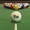 Pittsburgh Panthers cue ball positioned on green pool table felt in front of a racked set of billiard balls, featuring the blue and gold Pitt script logo with a pool cue lined up for the break.