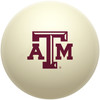 Texas A&M Aggies cue ball featuring the iconic maroon Texas A&M ATM logo on a classic ivory-colored billiard ball, displayed individually on a white background.
