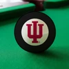 Indiana Hoosiers Eight Ball displayed on green pool table felt, featuring the crimson Indiana University IU trident logo inside the white center circle of a classic black billiard Eight Ball.