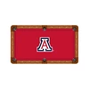 Top-down product view of Arizona Wildcats red logo billiard cloth installed on a traditional wood-rail pool table. The bright red playing surface features the Arizona Wildcats block A logo in red, white, and navy centered on the table.
