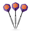 Clemson Tigers Fan's Choice dart set with three 23gm nickel-plated darts, black aluminum shafts, and purple team logo flights
