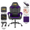 LSU Tigers oversized purple gaming chair feature image showing padded armrests, headrest, storage pouch, rolling casters, and purple and black upholstery