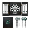 Michigan State Spartans Fan's Choice dartboard cabinet set with bristle dartboard, built-in scoreboards, closed cabinet, and team logo darts