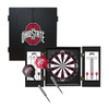Ohio State Buckeyes Fan's Choice dartboard cabinet set with bristle dartboard, scoreboards, closed cabinet, and team logo darts