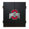 Closed Ohio State Buckeyes dartboard cabinet with black finish and team logo on the front
