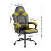 University of Iowa Hawkeyes Champ Chair shown with product dimensions, featuring black and gold team styling, padded seat, armrests, and caster wheels.
