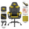 University of Iowa Hawkeyes Champ Chair feature image showing embroidered team logo, padded armrests, adjustable height, smooth rolling casters, and black and gold upholstery.
