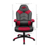 University of Arkansas Razorbacks oversized gaming chair shown from the front with product dimensions and red-and-black team-inspired styling.