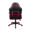 Back view of the University of Arkansas Razorbacks oversized gaming chair featuring red trim, a rear storage pouch, and team branding on the chair back.