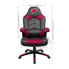 University of Wisconsin Badgers oversized gaming chair shown from the front with product dimensions and red-and-black team-inspired styling.