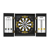 University of Michigan Wolverines dartboard cabinet shown open with a regulation-style dartboard and built-in scoreboards on each side.