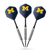 Michigan Wolverines dart set featuring three steel-tip darts with navy flights displaying the maize Michigan Block M logo.