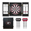 Georgia Bulldogs dart cabinet set featuring an open cabinet with dartboard, scoreboards, darts, red flights, and a black cabinet door with the Georgia G logo.