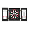 Nebraska Cornhuskers dartboard cabinet shown open with a regulation-style dartboard and built-in scoreboards on each side.