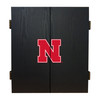 Closed Nebraska Cornhuskers dart cabinet in black with the red Nebraska N logo displayed on the front doors.